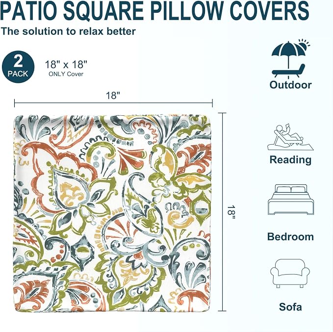 DYTXIII Pack of 2 Outdoor Waterproof Pillow Covers ONLY, 18"x18" Square Decorative Double Printed Throw Pillow Cases for Patio Couch Porch Furniture, Paisley Botanical