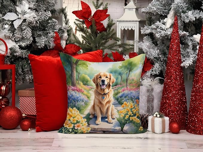 Caroline's Treasures Golden Retriever Spring Path Throw Pillow Machine Washable, Indoor Outdoor Decorative Pillow for Couch, Bed or Patio, 14Hx14W