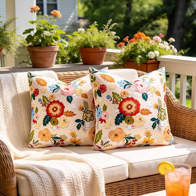 Outdoor Waterproof Floral Pillow Covers Summer Decorative Throw Pillow Covers 20x20 Inch Square Garden Cushion Sham Pillowcase Set of 2 Outside Decor for Patio Tent Garden Sofa Accent Pillow Cases