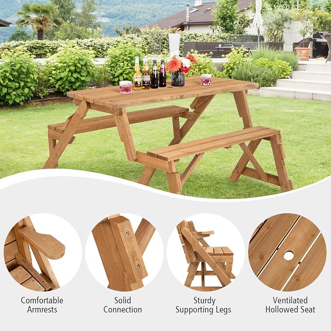 GYMAX Picnic Table, 2 in 1 Convertible Picnic Bench Table Set, Transforming Interchangeable Wooden Picnic Table with Umbrella Hole, Collapsible Outdoor Patio Dining Table Garden Bench