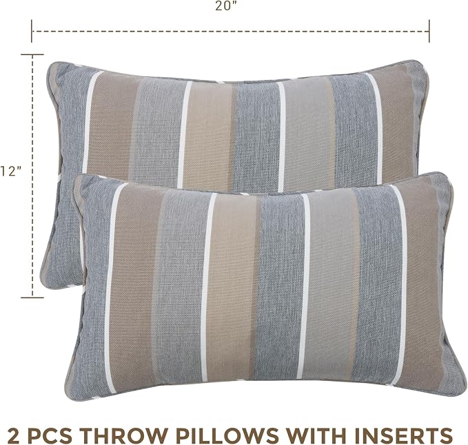 Lumbar Pillow with Insert, Set of 2, Outdoor Indoor Waterproof Decorative Patio Lumbar Pillow 12x20 Inch, Rectangular Cushion for Couch Sofa Garden Farmhouse Decoration-Grey Stripe