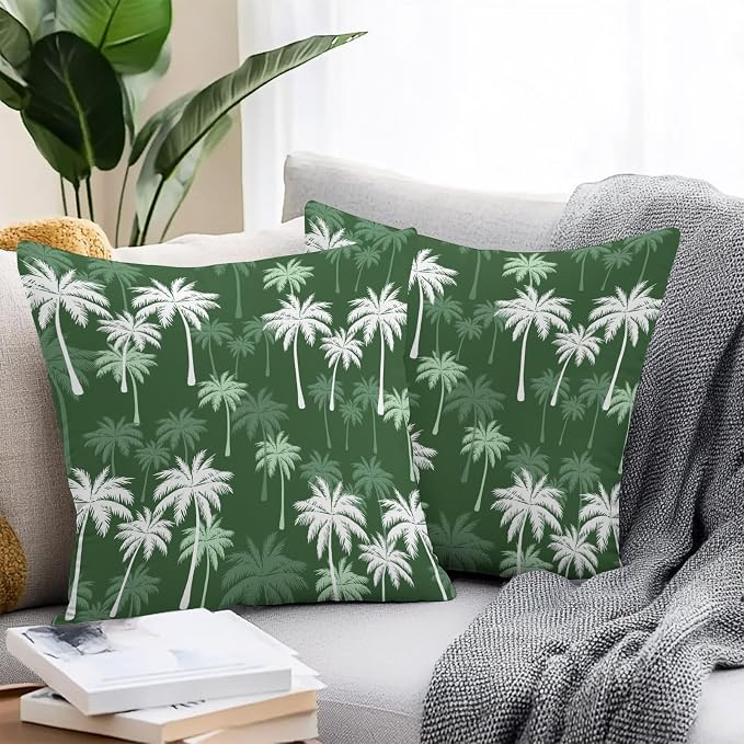 Throw Pillow Covers 20x20 Inch Set of 2, Tropical Palm Tree Waterproof Outdoor Pillow Covers, Green White Plants Coastal Leaf Beach Decorative Cushion Pillowcases for Couch, Sofa, Bed, Garden, Patio