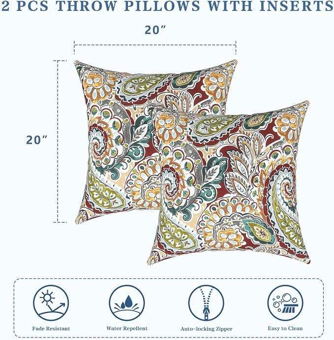 LVTXIII Outdoor Pillows 20x20 Inch, 2 Pack Large Decorative Square Throw Pillows with Inserts for Couch, Bed, Floor Seating, Patio Furniture, Vibrant Paisley
