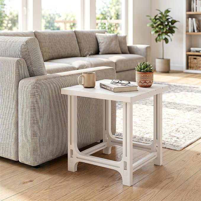 Tangkula Outdoor Adirondack Side Table Set of 2, 18" Heavy Duty HDPE Patio End Table with Slatted Surface, 0-Screw Assembly, Easy Maintenance, Small Side Table for Porch, Pool, Garden, Deck (White,2)