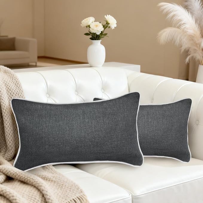 HER HWA Outdoor Lumbar Pillow Covers 20"x12" Set of 2, Carbon Gray | durable fade-resistant water-resistant 100% polyester white piping smooth zipper machine washable for indoor outdoor décor