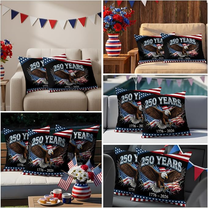 America 250 Years Eagle Outdoor Pillow Covers 24"x24" Set of 2, Independence Day Lightning Red Blue Flag Waterproof Throw Pillow Covers for Patio Furniture, Decorative Cushion Covers for Porch