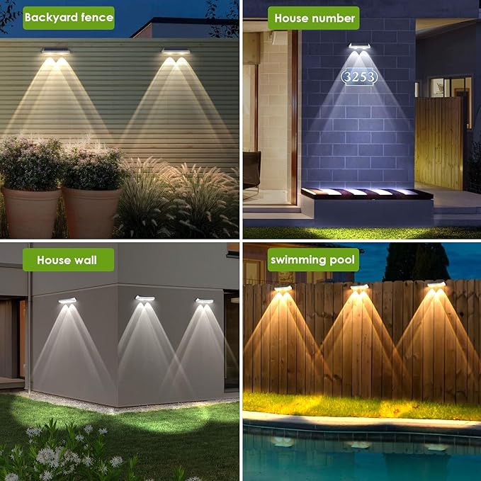 LIANGLOME 2 Pack Solar Fence Lights - 2PK Solar Outdoor Light Warm White/Daylight White/Cold White 3 Mode Deck Lights for Outside, Deck Fences, Stair Railings, Pools and Walls