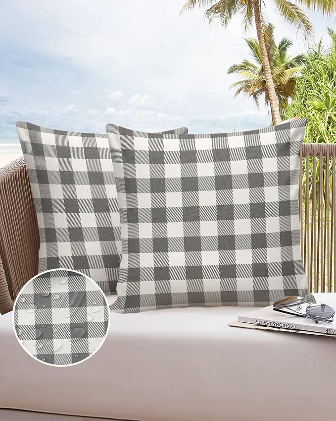 Outdoor Waterproof Throw Pillow Covers Set of 2 Gray Buffalo Check Plaid Pillowcases 20x20 Inches Farmhouse Style Patio Decorative Pillows Cushion Case Patio Pillows for Couch Bed Chair Garden