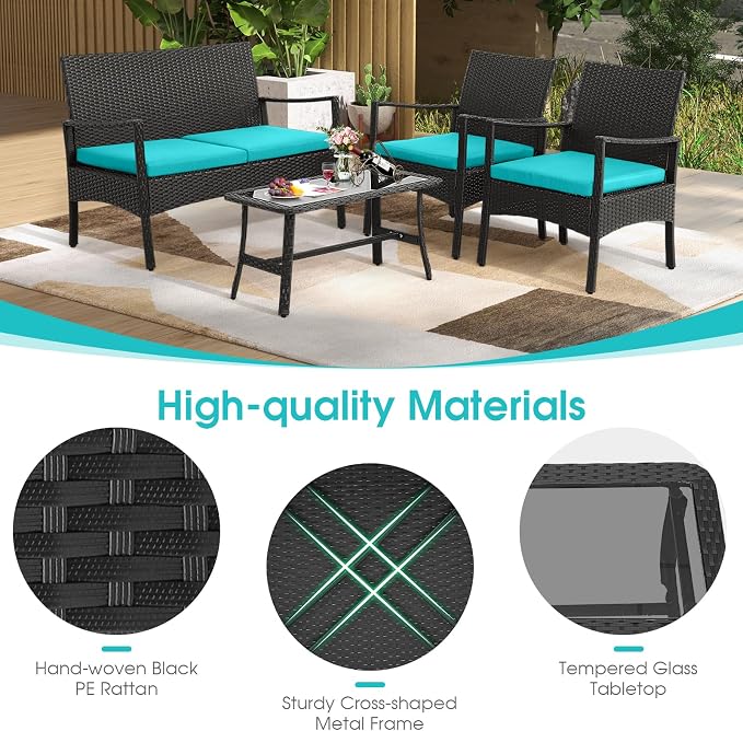 HAPPYGRILL 8 Pieces Patio Wicker Furniture Set PE Wicker Conversation Set, Rattan Sofa Chair with Cushions Tempered Glass Coffee Table, Outdoor Sectional Bistro Set for Poolside Backyard Lawn Garden