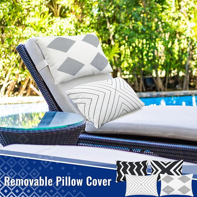 Juexica 4 Pcs Black & White Chaise Lounge Headrest Pillow, 16 x 11'', Stripe Decorative Outdoor Patio Neck Headrest Pillow, Adjustable Elastic Strap, Waterproof for Pool Recliner Hammock Beach Chair