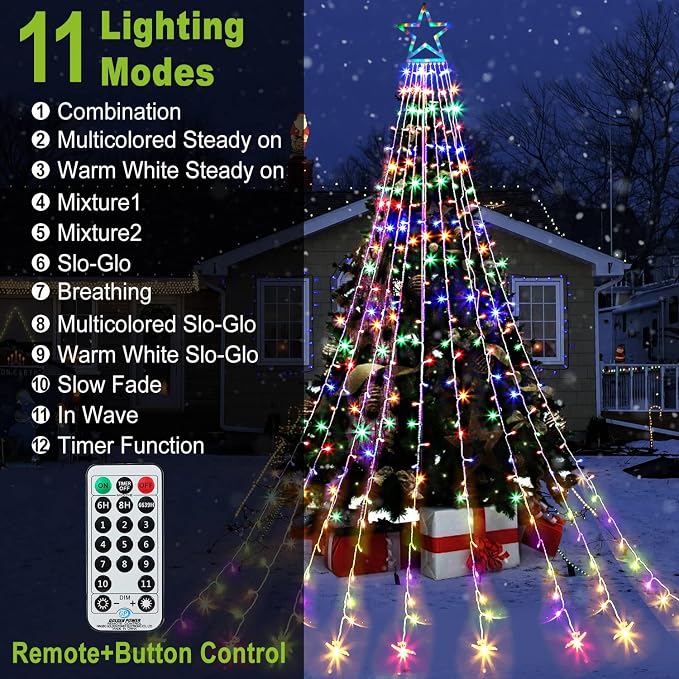 Christmas String Lights 320 LED Christmas Decorations Star Waterfall Lights with 11 Modes Remote Control for Tree Wall Yard Wedding Party (Warmwhite+Multicolored)