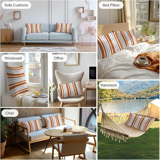 Burnt Orange Grey Stripe Outdoor Pillow Covers 20x12 Inch Lumbar Pillow Covers Set of 2 Waterproof Decorative Throw Pillow Cases Farmhouse Minimalist Striped Cushion Covers for Patio Furniture Garden