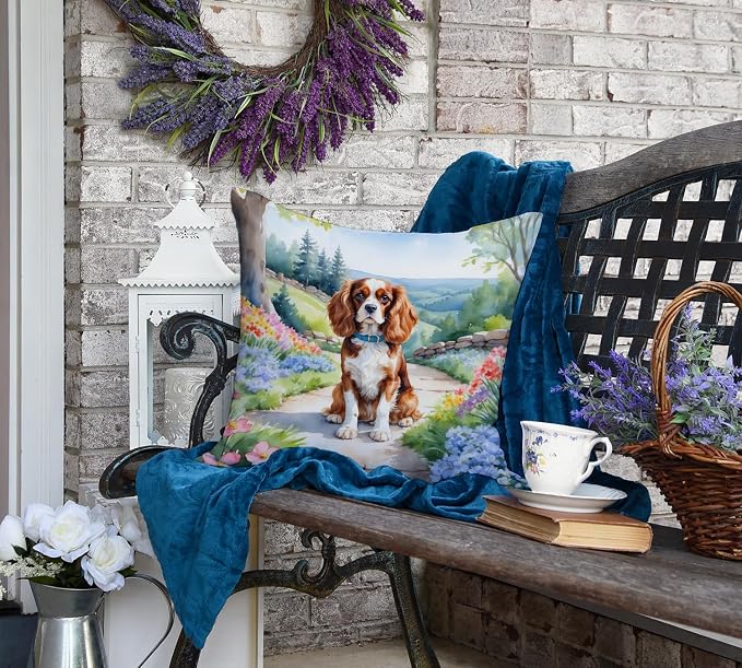 Caroline's Treasures Cavalier Spaniel Spring Path Throw Pillow Machine Washable, Indoor Outdoor Decorative Pillow for Couch, Bed or Patio, 18Hx18W