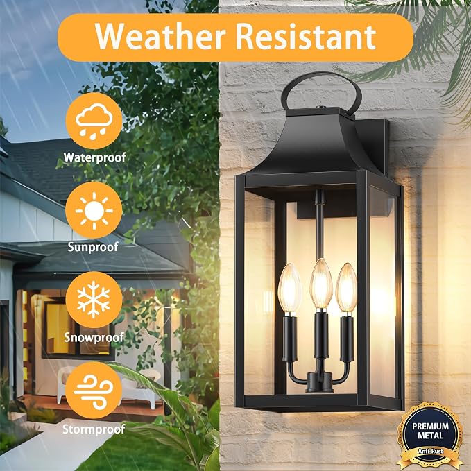 20" Extra Large Outdoor Wall Light, Black Exterior Lighting Fixtures | Waterproof Wall Mount Porch Lantern with 3-Light, Modern Outside Wall Sconce Garage Coach Light with Clear Glass, 1 Pack