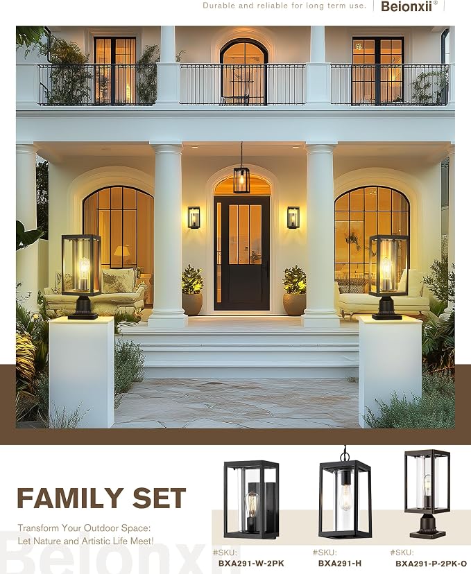 Beionxii Outdoor Post Lights, 20in Post Lantern with Pier Mount Base, Aluminum Street Lights with Glass, Fence Post Deck Lighting for Garden, Patio, Pathway, BXA291-P-2PK-O (NOT Solar, 110-120V AC)