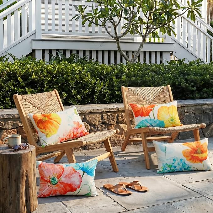 Floral Outdoor Lumbar Throw Pillow Covers Waterproof 12x20, Hydrangea Decor | Lotus Flower Decor, Waterproof, Hydrangea Pillow Covers, Set of 4, Outdoor Lumbar Pillows for Garden Porch Patio Furniture