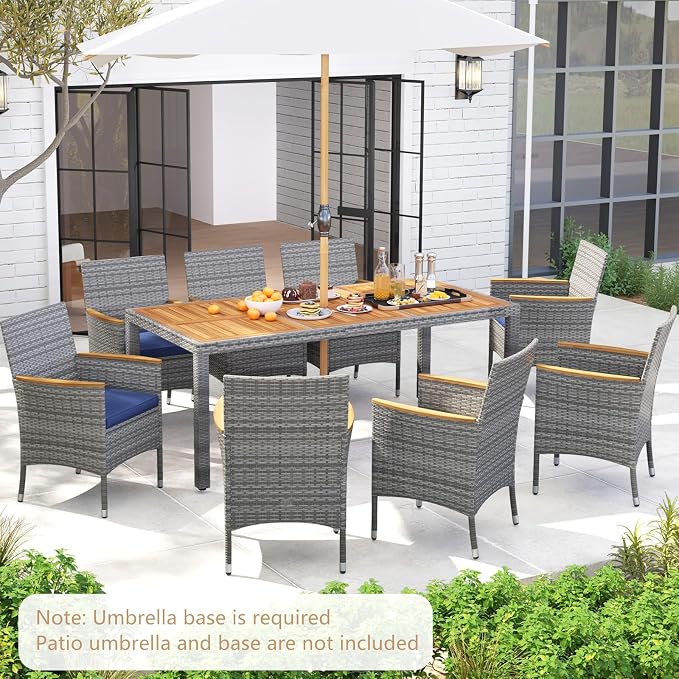 HAPPYGRILL 9 Pieces Patio Dining Set for 8, Outdoor Acacia Wood Table and Rattan Chairs with 2" Umbrella Hole, Cushions, Wicker Outdoor Dining Furniture Set for Backyard, Garden, Deck (Navy)