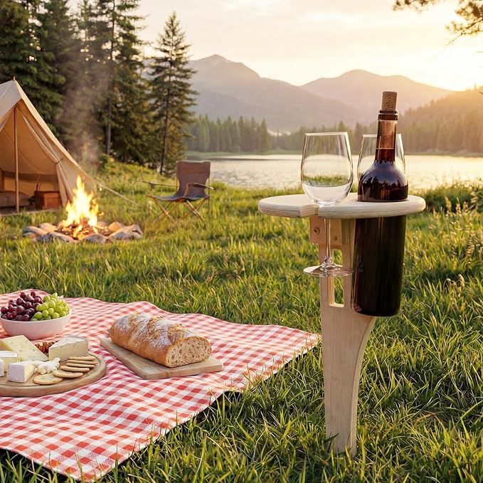 Amyhill Portable Folding Wine Table Picnic Beach Wine Table Outdoor Wooden Bottle Stand for 2 Glasses Handmade Rack Gift for Outdoor Camping Beach Barbecuing Picnic Essentials