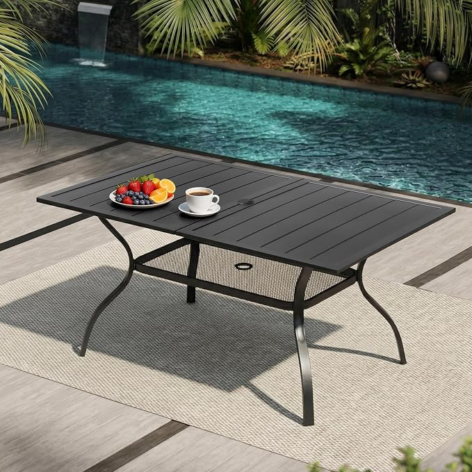VINGLI 60" x 38" Rectangle Patio Table for 6, Metal Outdoor Dining Table with Umbrella Hole, All-Weather Steel Patio Dining Table Outdoor Table for Lawn, Garden, Backyard, Black (L60 xW38)