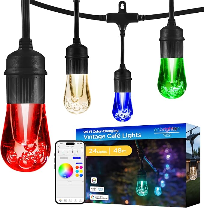 Enbrighten Vintage Outdoor String Lights, 48ft, 24 Bulbs, Smart | RGBWIC LEDs, Weatherproof, Shatterproof Acrylic Bulbs, Linkable up to 750ft, App Control, Works with Alexa & Google Home
