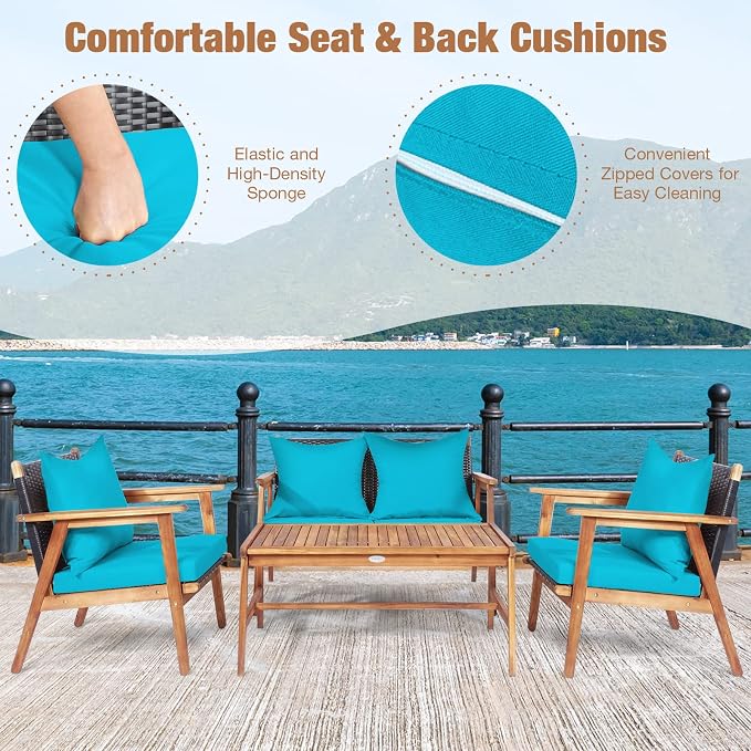 HAPPYGRILL 4-Piece Outdoor Rattan Sofa Set Acacia Wood Frame Conversation Set with Coffee Table, Sectional Furniture Set with Cushions for Backyard Porch Garden Poolside Balcony