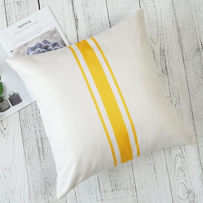 ONWAY Outdoor Pillow Covers Waterproof 20x20 Set of 2 Decorative Linen Throw Pillow Cover Beige and Yellow Striped Outdoor Pillows for Patio Furniture