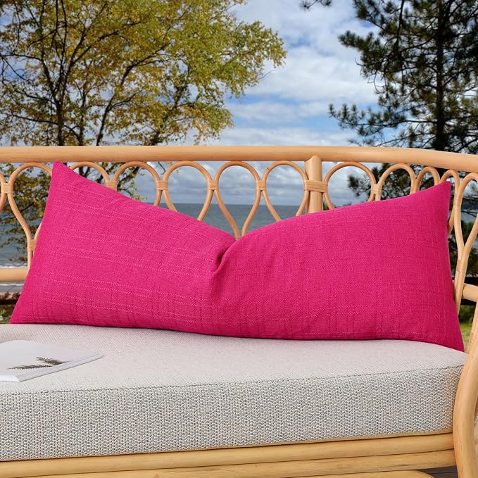 Kevin Textile Outdoor Waterproof 14”x36” Pillow Cover 1 Pack, Hot Pink | Water Resistant, Soft Faux Linen-cotton Yarn-dyed Woven Texture Throw Pillow Covers for Tent Patio Garden Couch Sofa