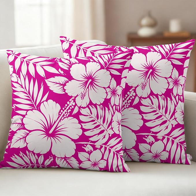 Pink Hibiscus Flowers Waterproof Outdoor Pillow Covers Set of 2 Home Decor, Tropical Monstera Leaves Pillowcase Patio Pillow Covers for Couch Bench Patio Furniture Garden 24x24in