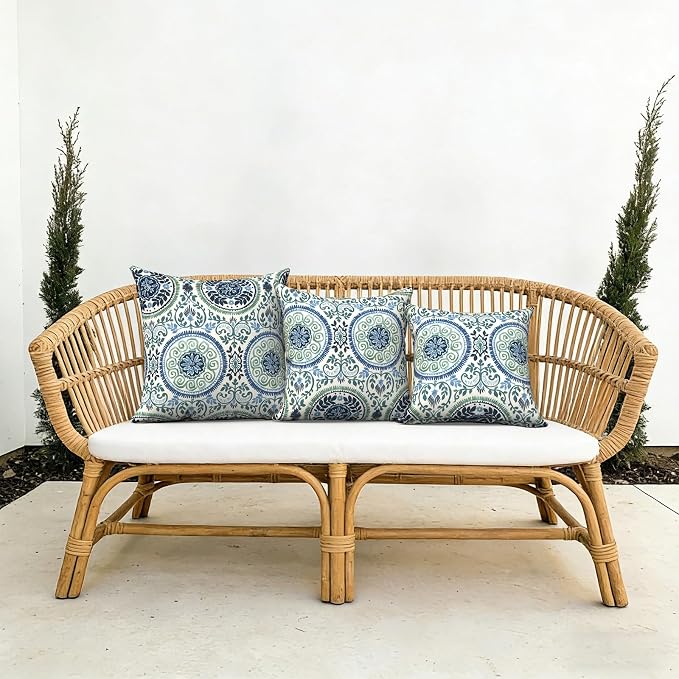 Outdoor Pillows with Insert 20x20 Inch, Waterproof Throw Pillow for Patio Furniture, Decorative Back Cushion for Garden Home Sofa Office Chair, Set of 2, Medallion Blue