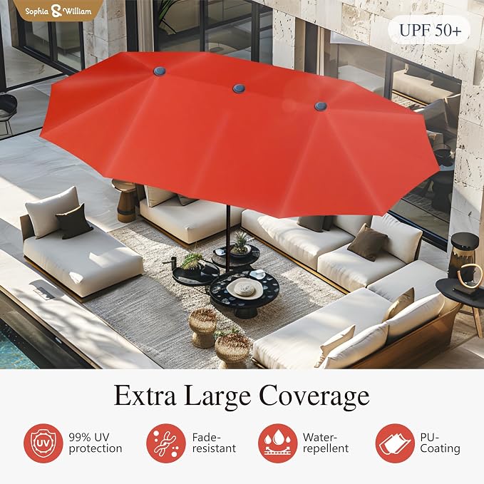 Sophia and William 8 Piece Patio Dining Set for 6 with 13ft Double-Sided Patio Umbrella, Metal Outdoor Table Furniture Set with 6 Outdoor Chairs, 1 Rectangle Dining Table and 1 Orange Red Umbrella