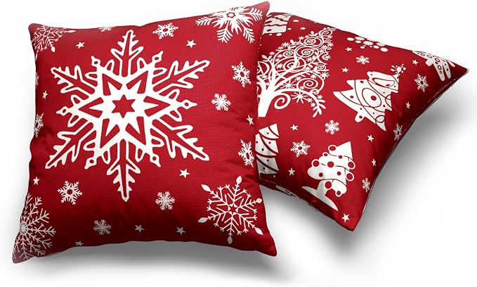 Red Christmas Pillow Covers 16x16 Winter Xmas Tree with Snowflakes Throw Pillow Covers Holiday Cushion Case for Christmas Decorations Living Room Outdoor Set of 2