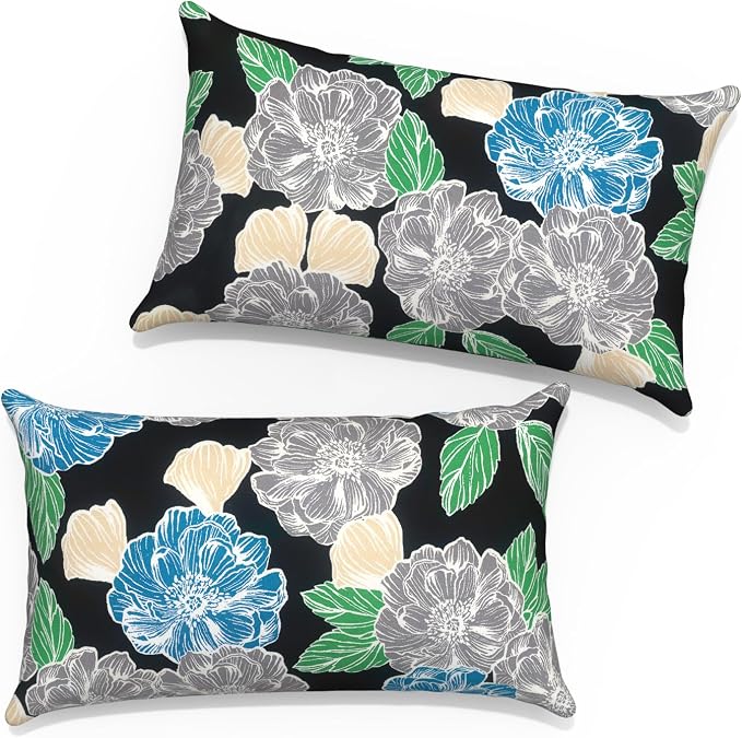 12x20 Inch Lumbae Pillow Covers, Rectangle Waterproof Throw Covers Set of 2, Decorative Patio Furniture Cushion Cases for Porch Garden, Peony Garden
