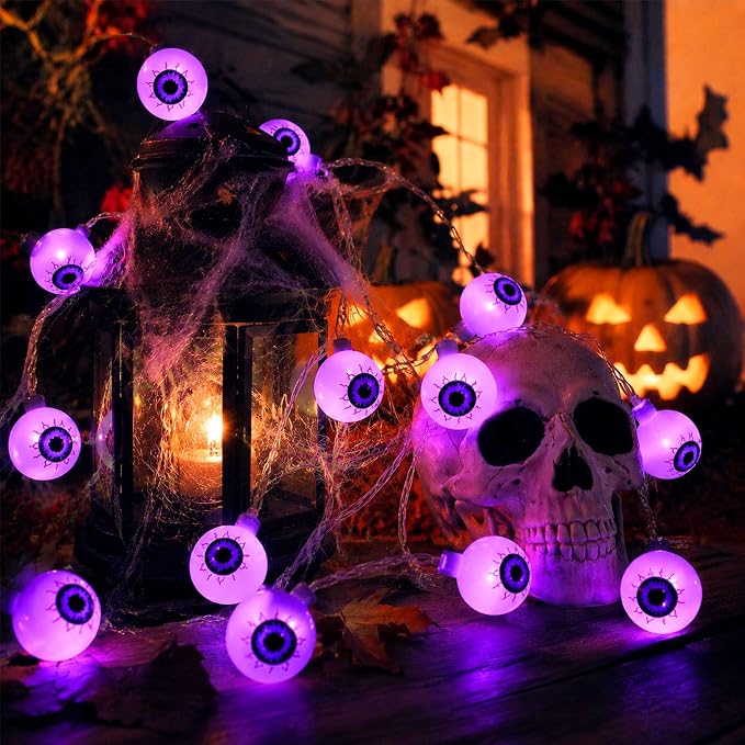Crazy Night Halloween String Lights 10Ft 20 LEDs Battery Operated Purple Eyeball Lights Halloween Decorations Outdoor Indoor Party Decor