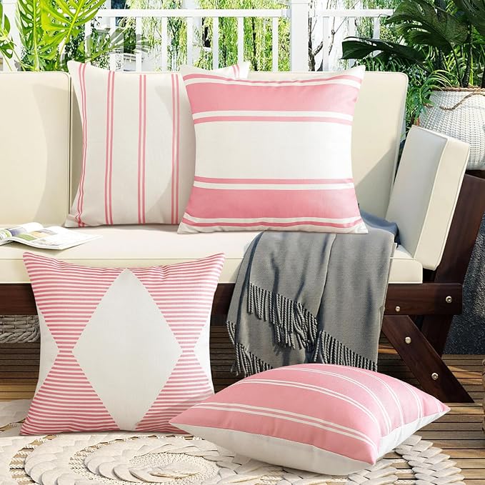 OTOSTAR Outdoor Waterproof Decorative Throw Pillow Covers 20x20 Inch Geometry Pillow Cases Square Cushion Case Garden Pillow Covers Pillows Shell for Patio Furniture Couch Tent Balcony Set of 4 (Pink)