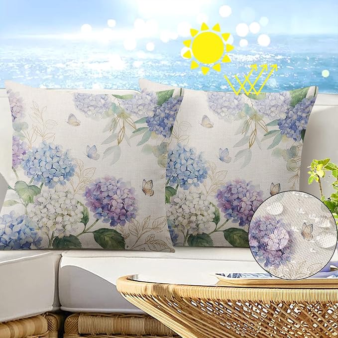 Throw Pillow Covers, Hydrangea, Waterproof, Set of 2, 18 x 18 Inch | Butterfly Outdoor Cottagecore Pillowcase Square Cushion Case Farmhouse Garden Decorative Pillows for Couch Beach Patio