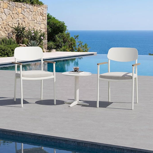 Modern Shade Lusso Outdoor Dining Chairs Set of 2, Fade Resistant, All-Aluminum Outdoor Chairs with FSC Teak Wood Armrests, Weather-Resistant Patio Chair with Quick Dry Cushion, White