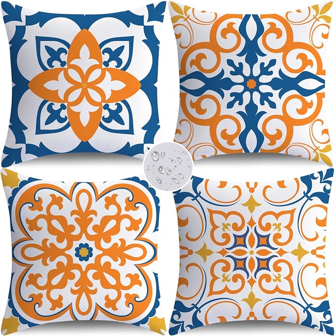 NIGHTWISH Outdoor Waterproof Pillow Covers 16x16 Set of 4 Yellow Boho Decorative Outdoor Throw Pillows Floral Cushion Cases for Patio Furniture Bench Couch Sunbrella