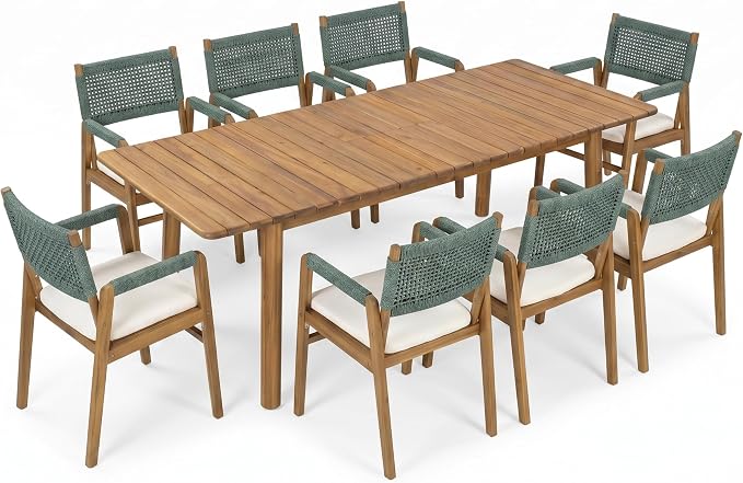 Christopher Knight Home Sky Acacia Wood Dining Table Set for 8, 9 Piece Patio Extendable Dining Table and Dining Chairs Set of 8 with Cushions & Rope Accents, Patio Furniture Set, Teak+Beige+Green
