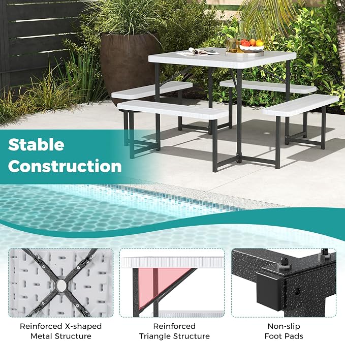 Byroce Outdoor Picnic Table for 4-8 Person, HDPE Picnic Camping Table Set with 4 Benches, Umbrella Hole & Metal Frame, Heavy Duty Square Dining Table Chairs for BBQ in Patio, Yard & Poolside (White)