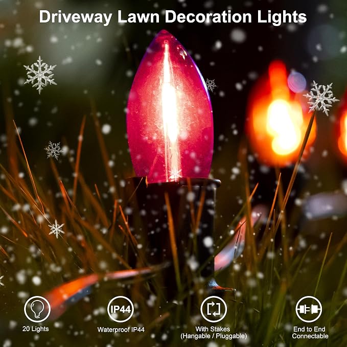 TIORIY C9 LED Christmas Pathway Lights Outdoor, 24.2ft Multicolored LED Christmas Light with Stakes, Connectable 30 Sets Xmas Decoration Light Outside, Walkway String Light