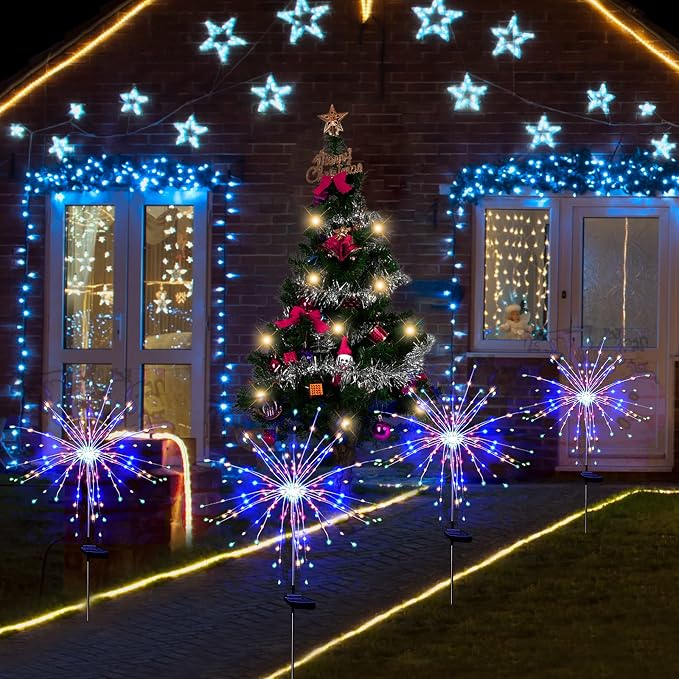 Solar Garden Firework Lights Outdoor Waterproof 4 Pack 120 LED Sparklers Solar Lights for Outside Patio Backyard Yard Pathway Walkway Decorations 4th of July Decorations (Colorful)