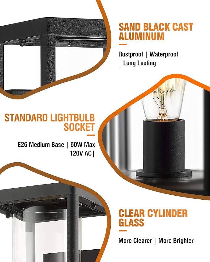 Beionxii Dusk to Dawn Outdoor Wall Lights, Modern Exterior Wall Sconces Porch Lantern, Black Cast Aluminum w/Clear Cylinder Glass - A291W-2PK