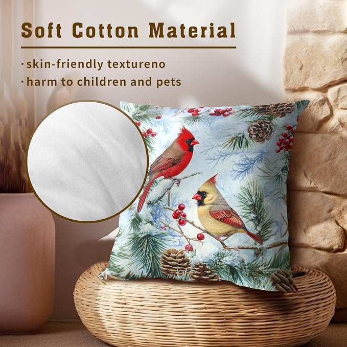 Winter Red Bird Pillow Covers 20x20 Inch, Xmas Snow Pine Tree Branch Birds Decorative Pillowcases Protector Square Cushion Cover for Couch Sofa Bed Chair Home Decor Set of 2