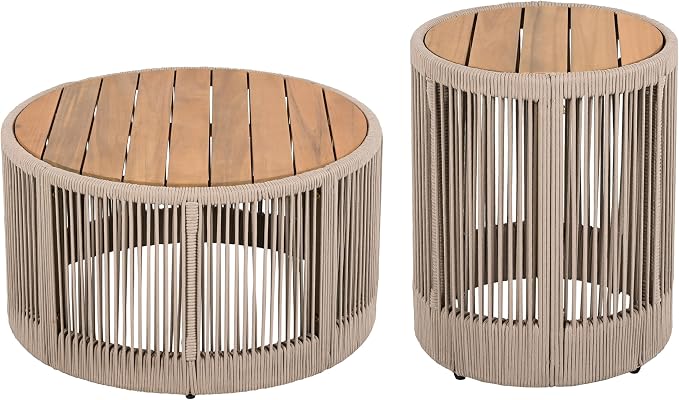 Christopher Knight Home Peyz Acacia Wood Outdoor Side Table Set of 2 with Woven Rope Design, Patio Round Coffee Table Set with Small Side Desk, Functionality Stylish 2 Tables for Garden, Teak + Beige