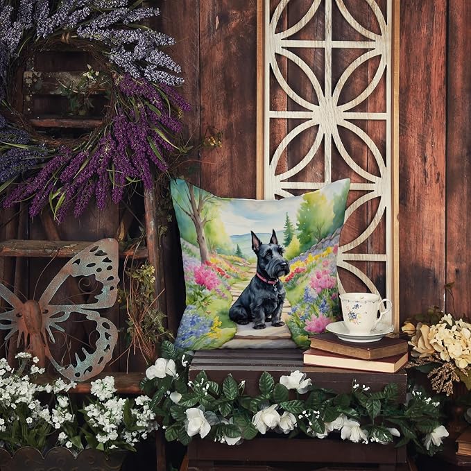 Caroline's Treasures Scottish Terrier Spring Path Throw Pillow Machine Washable, Indoor Outdoor Decorative Pillow for Couch, Bed or Patio, 14Hx14W