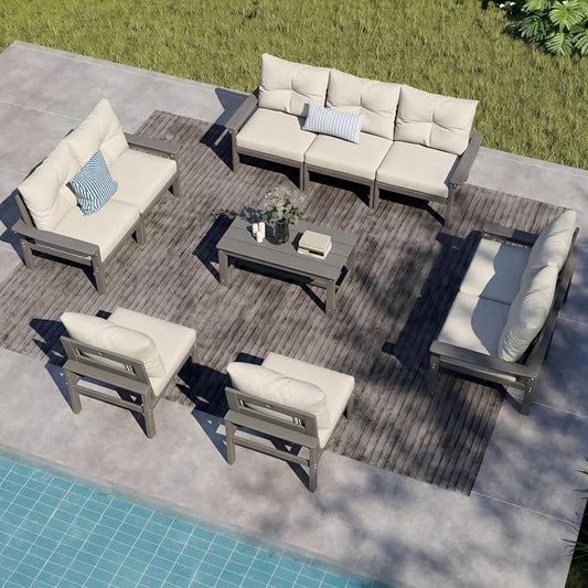 HDPE Outdoor Patio Furniture Set, 10-Piece Patio Conversation Sets with Coffee Table & Beige Washable Thick Cushions, Outdoor Sofa for Garden, Balcony, Porch,(Grey Frame)