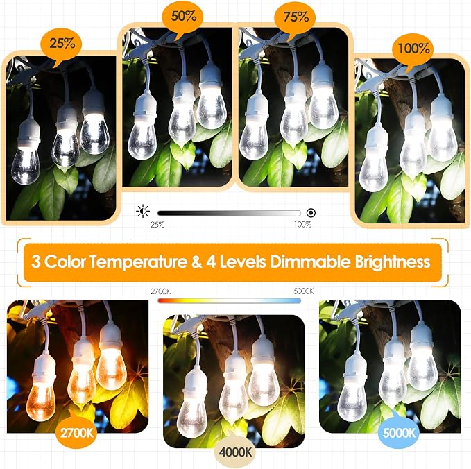 144FT(3x48FT) 3 Colors LED Outdoor String Light with Remote, White | Plug in, Jump/Fade/Static Modes, 2700K/4000K/5000K, 45+3 S14 Bulbs, Waterproof, Dimmable, Connectable, for Bistro Christmas