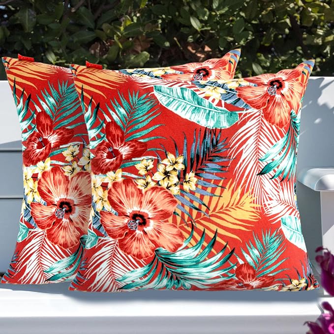 Throw Pillow Covers Set of 2, Outdoor Indoor Waterproof Decorative Patio Throw Pillowcase Shell 18x18 Inch, Square Cushion Case for Couch Sofa Garden Farmhouse Decoration-Chili Red Floral