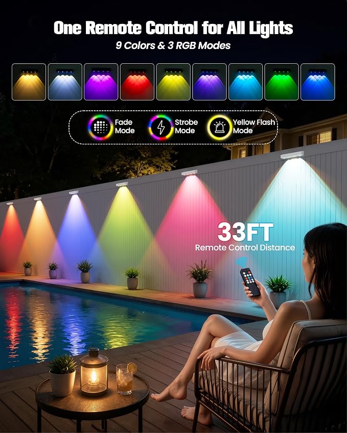 JOFIOS Fence Lights Solar Powered with Remote, 9 Fixed Colors ＆ Color Changing White Fence Lights Waterproof IP65 Dusk-to-Dawn LED Deck Lighting for Patio, Pool, Porch, Backyard, Wall, 12 Pack