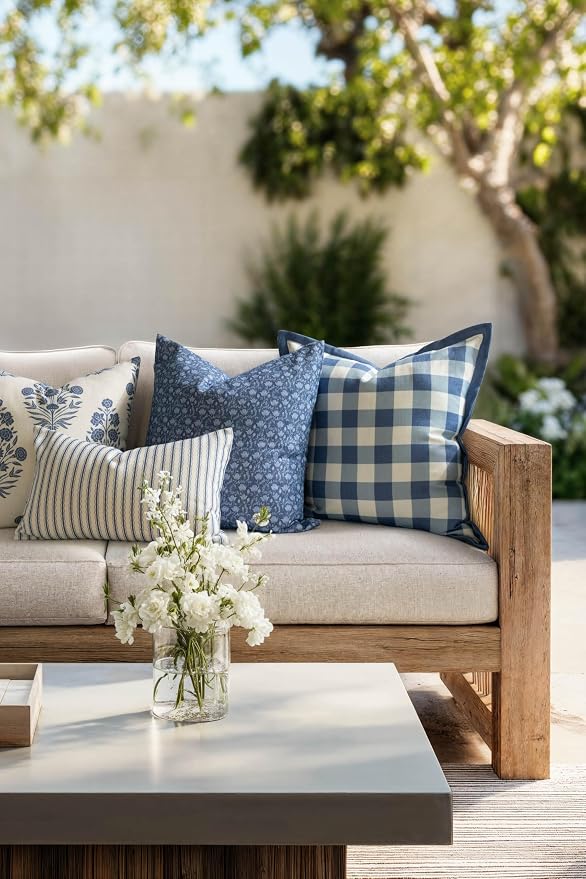 California Casual Coastal Indoor Outdoor Lumbar Pillow Cover, 12"x20" Water Repellent for Patio, Backyard, Couch, Poolside, Azure Blue Print Wave Stripes
